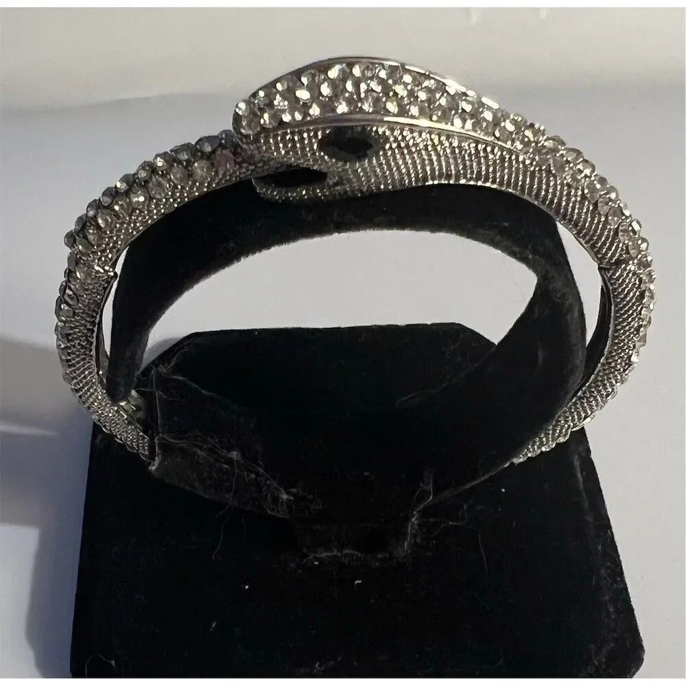 Silver Tone Snake Wrap Hinged Bangle Bracelet Clear Rhinestone Pavé
